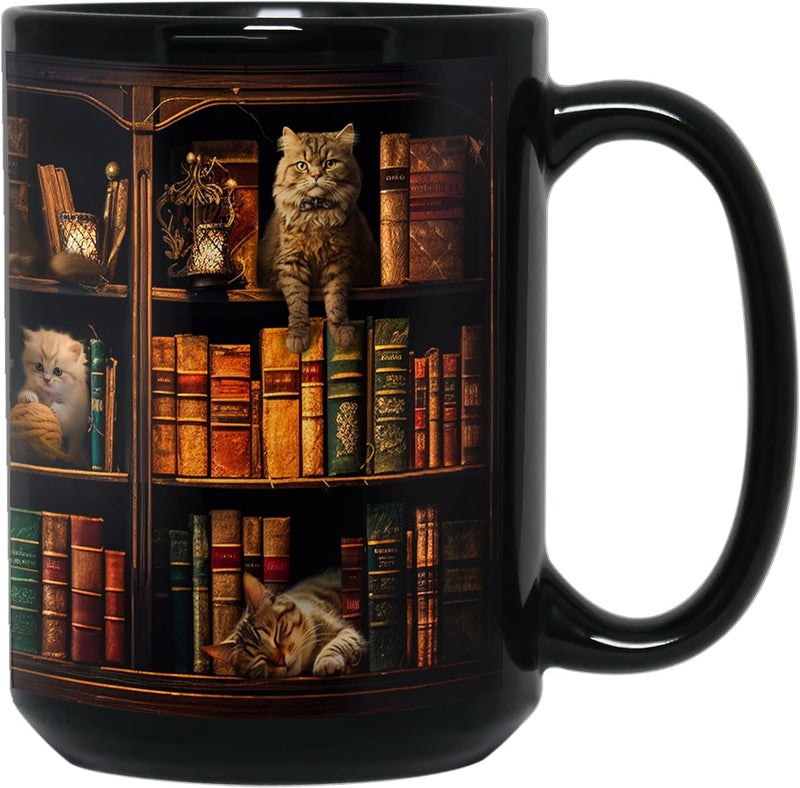 2IMT Cat Book Mug Book Lovers Gifts for Readers - Book Lover Bookish Gifts for Bookworm Women - Library Bookshelf Mug - Best Gift for Cat Lover - Reading Writer Women Black Coffee Cup 15oz - Image 1